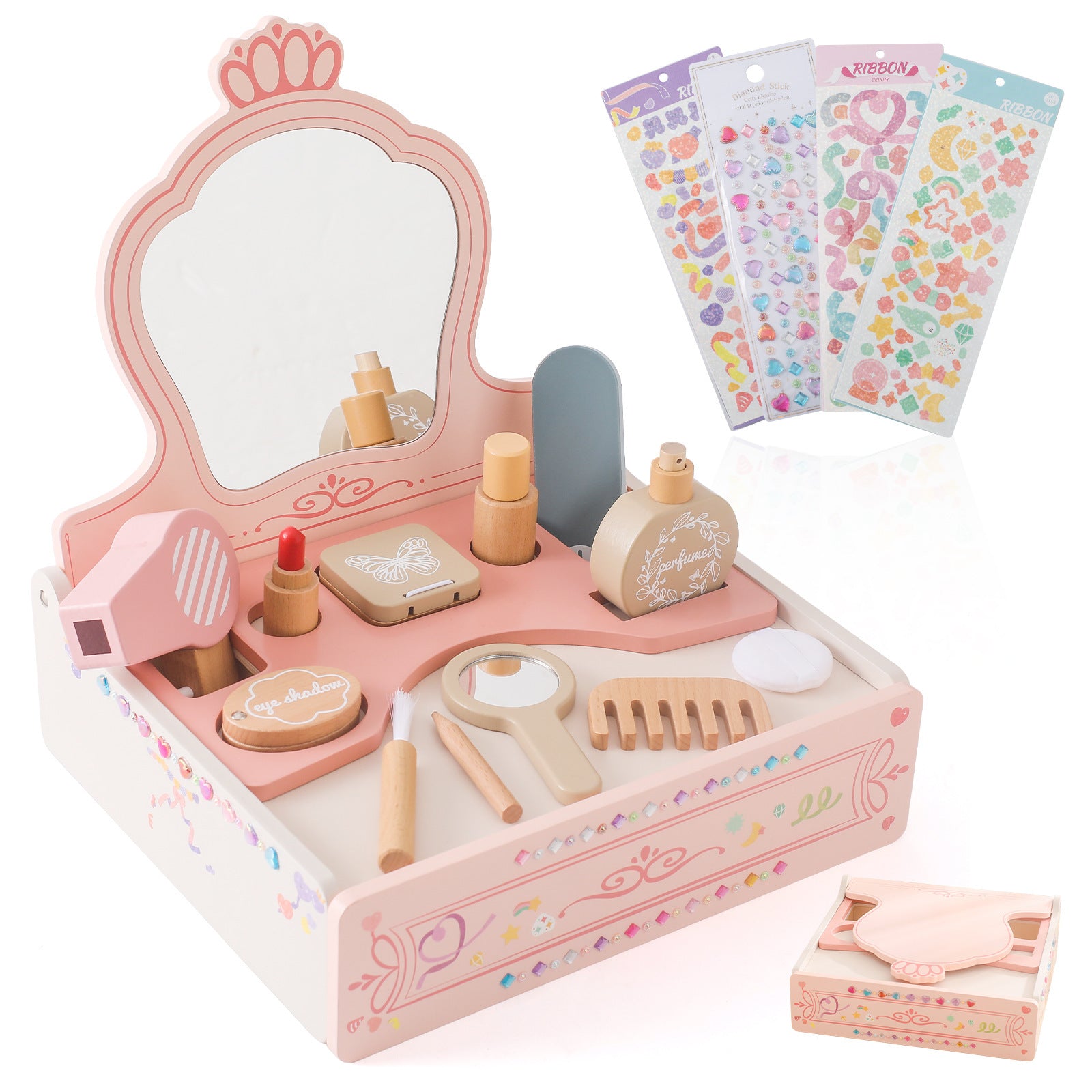 Girl Princess Play House Makeup Toys Small Dressing Table Wooden Children's Pink Mirror - Bellarte Enchanté Girl Princess Play House Makeup Toys Small Dressing Table Wooden Children's Pink Mirror