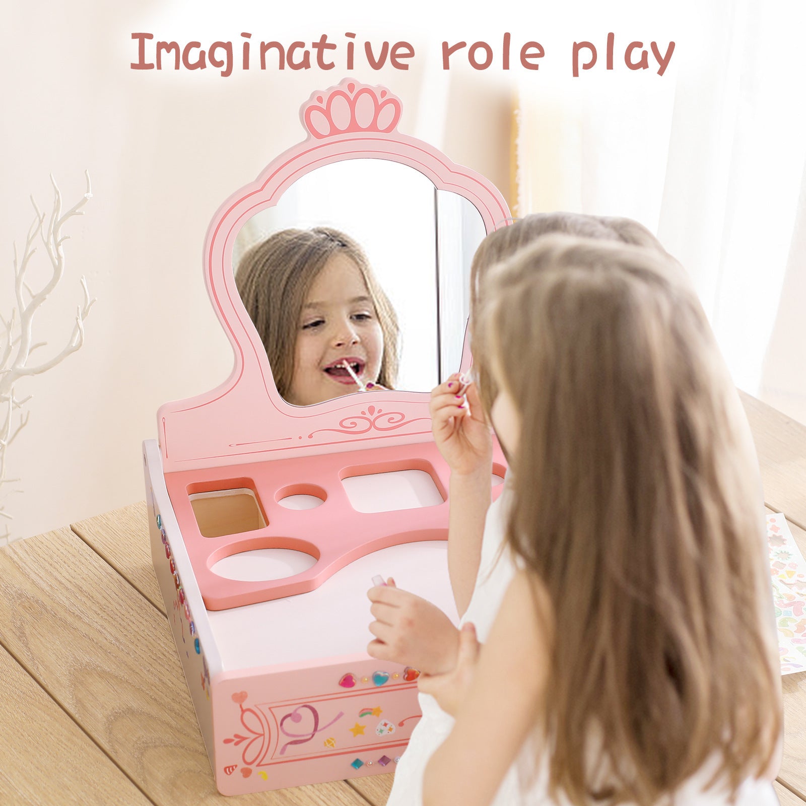 Girl Princess Play House Makeup Toys Small Dressing Table Wooden Children's Pink Mirror - Bellarte Enchanté Girl Princess Play House Makeup Toys Small Dressing Table Wooden Children's Pink Mirror