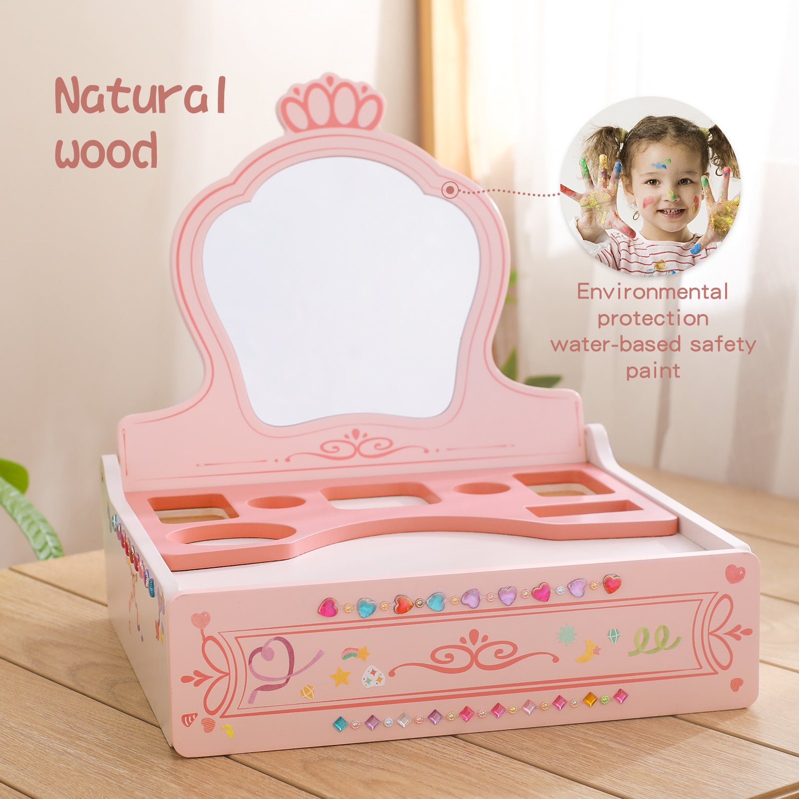 Girl Princess Play House Makeup Toys Small Dressing Table Wooden Children's Pink Mirror - Bellarte Enchanté Girl Princess Play House Makeup Toys Small Dressing Table Wooden Children's Pink Mirror