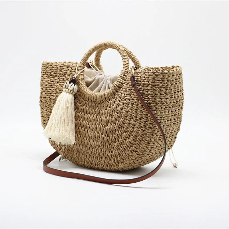 H Straw Woven Bag Moon Woven Female Bag Shoulder Portable Dual-Use - Bellarte Enchanté H Straw Woven Bag Moon Woven Female Bag Shoulder Portable Dual-Use