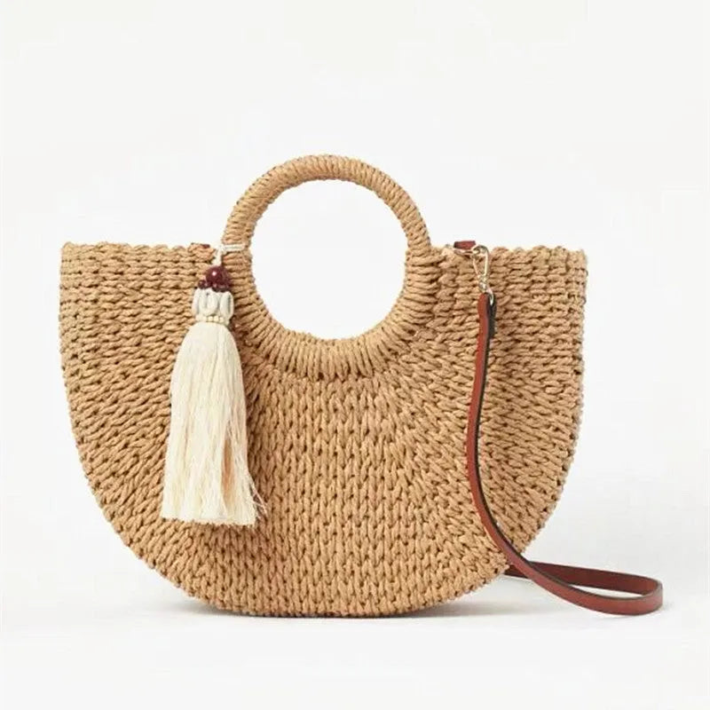 H Straw Woven Bag Moon Woven Female Bag Shoulder Portable Dual-Use - Bellarte Enchanté H Straw Woven Bag Moon Woven Female Bag Shoulder Portable Dual-Use