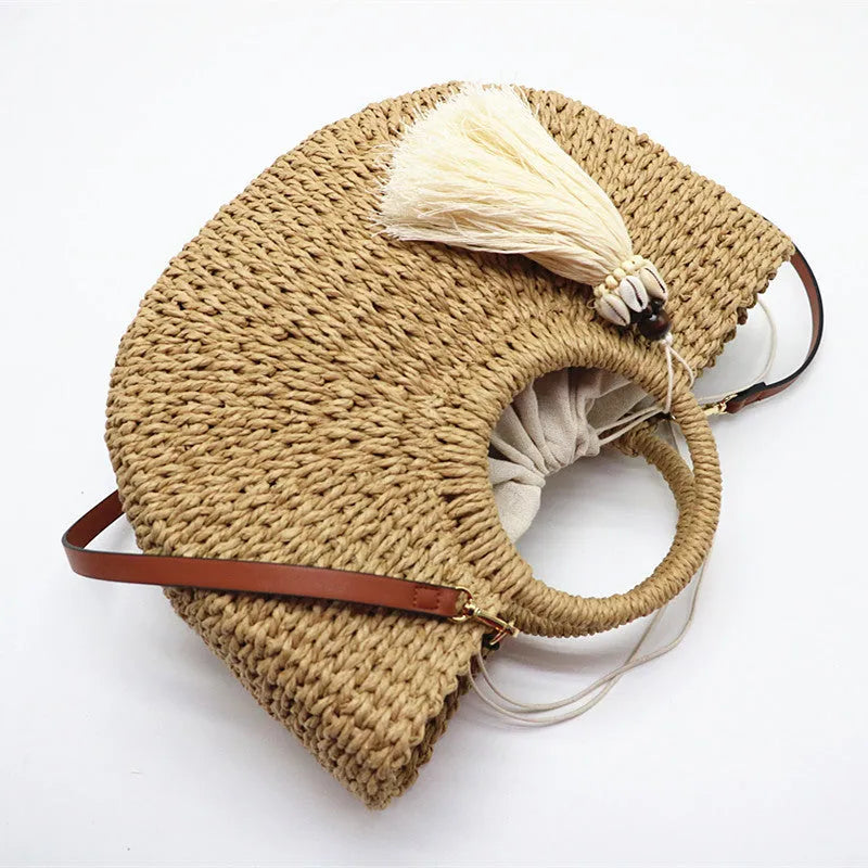 H Straw Woven Bag Moon Woven Female Bag Shoulder Portable Dual-Use - Bellarte Enchanté H Straw Woven Bag Moon Woven Female Bag Shoulder Portable Dual-Use