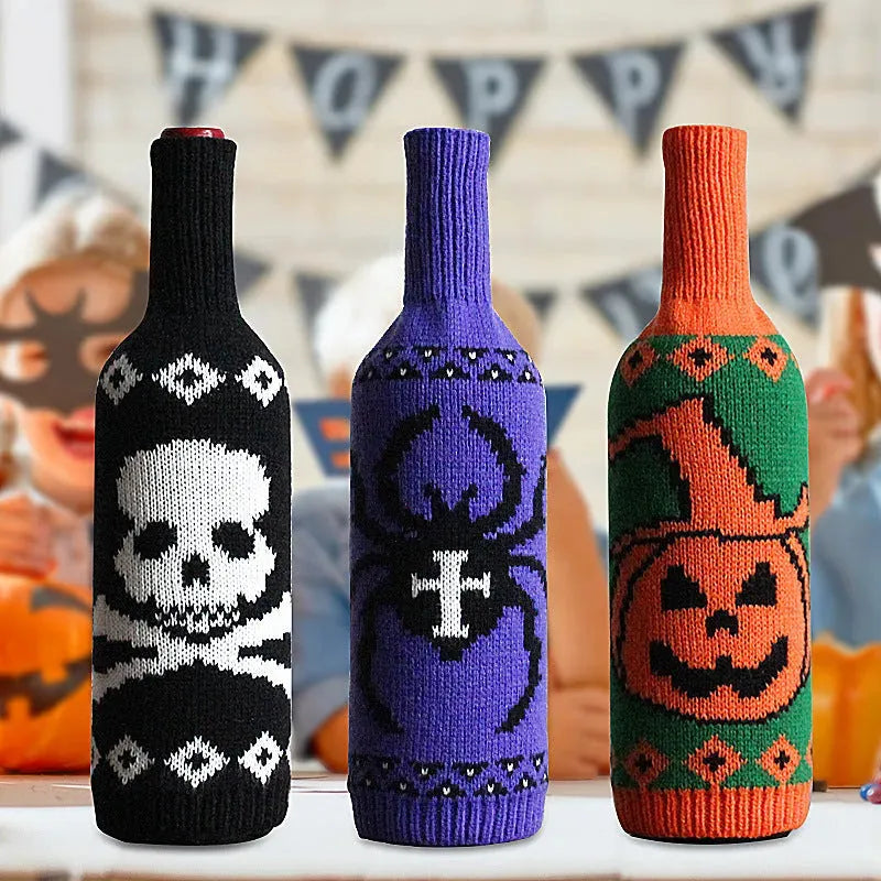 Halloween Wine Bottle Set Skull Pumpkin Knitted Champagne Wine - Bellarte Enchanté Halloween Wine Bottle Set Skull Pumpkin Knitted Champagne Wine