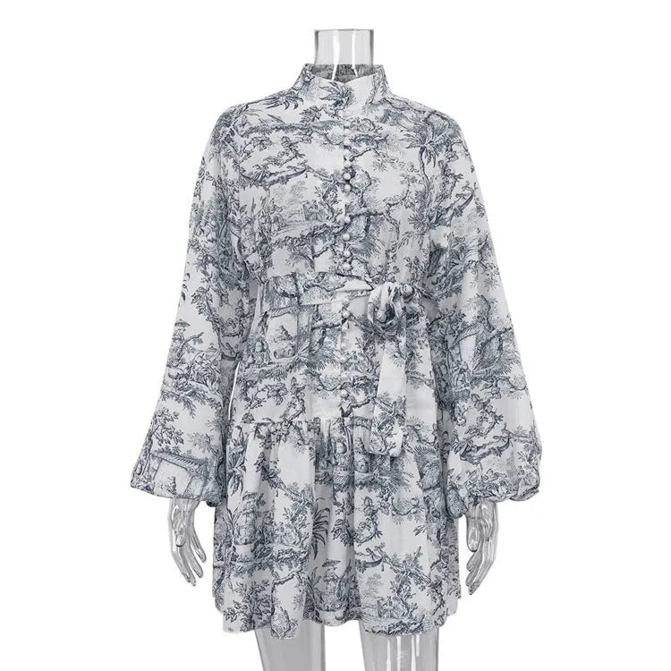 Ink Print Long Sleeve Short Dress With Fashion Puffy Sleeve Lapel Tie A-Line Dress Clothing - Bellarte Enchanté Ink Print Long Sleeve Short Dress With Fashion Puffy Sleeve Lapel Tie A-Line Dress Clothing