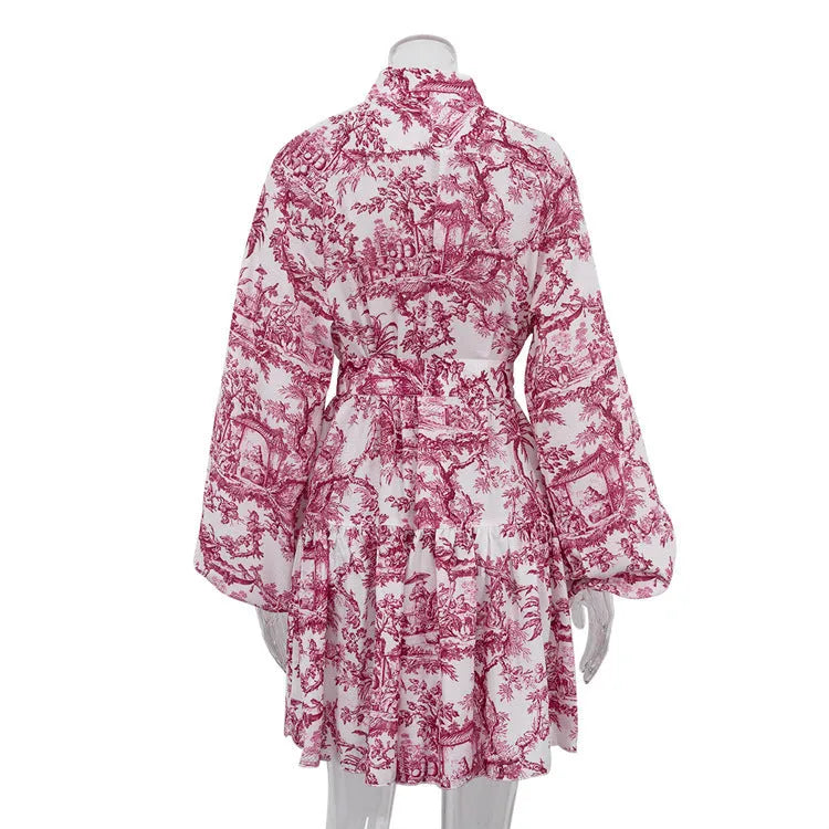 Ink Print Long Sleeve Short Dress With Fashion Puffy Sleeve Lapel Tie A-Line Dress Clothing - Bellarte Enchanté Ink Print Long Sleeve Short Dress With Fashion Puffy Sleeve Lapel Tie A-Line Dress Clothing