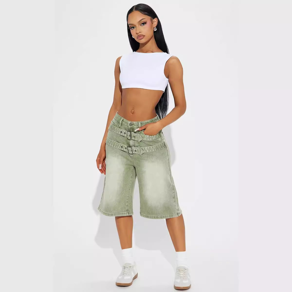Jeans Double Belt Adjustable Buckle Washed Gradient Loose Cropped Pants - Bellarte Enchanté Jeans Double Belt Adjustable Buckle Washed Gradient Loose Cropped Pants