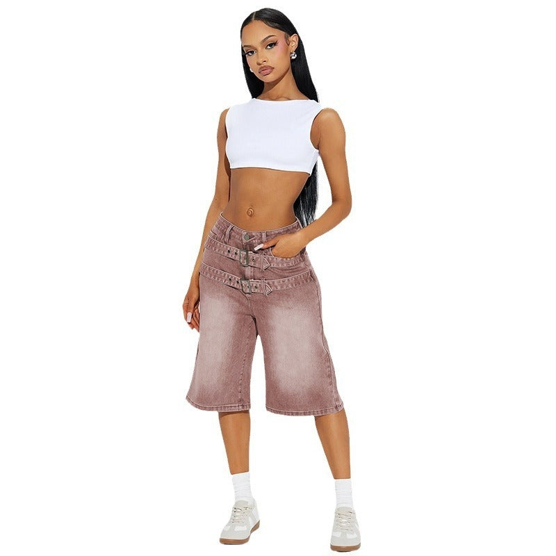 Jeans Double Belt Adjustable Buckle Washed Gradient Loose Cropped Pants - Bellarte Enchanté Jeans Double Belt Adjustable Buckle Washed Gradient Loose Cropped Pants