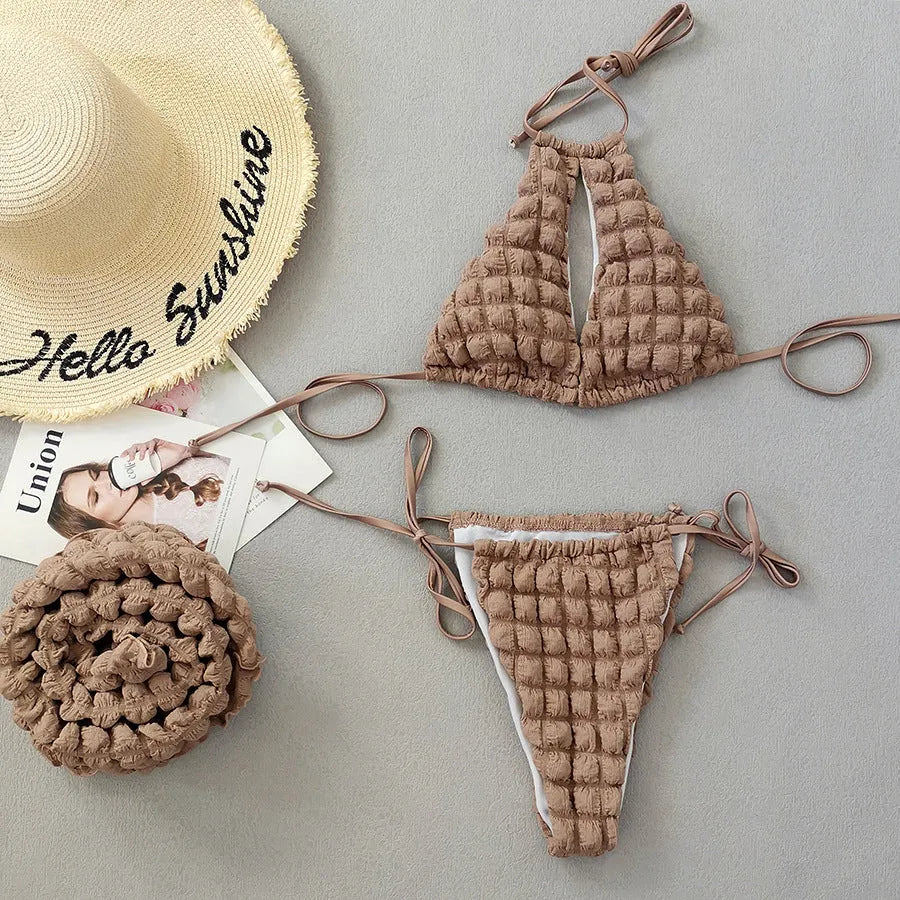 Lace-up Seersucker Three-piece Bikini Women's Swimsuit - Bellarte Enchanté Lace-up Seersucker Three-piece Bikini Women's Swimsuit