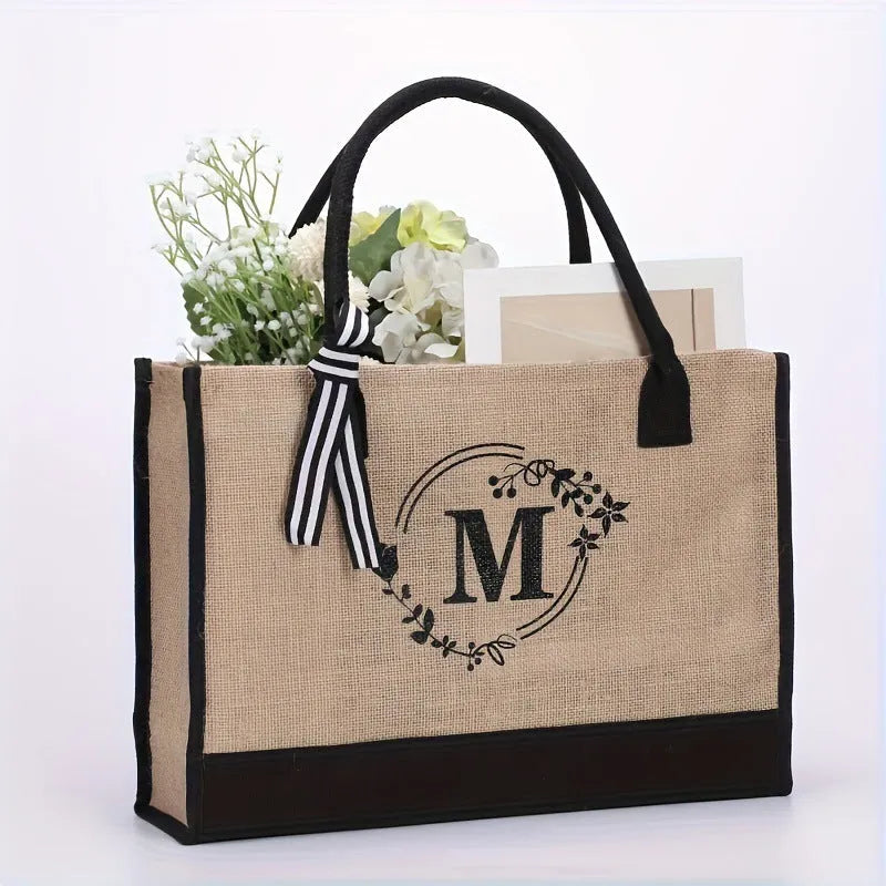Large Capacity Portable Printing Initial Letter Jute Linen Shopping Bag - Bellarte Enchanté Large Capacity Portable Printing Initial Letter Jute Linen Shopping Bag