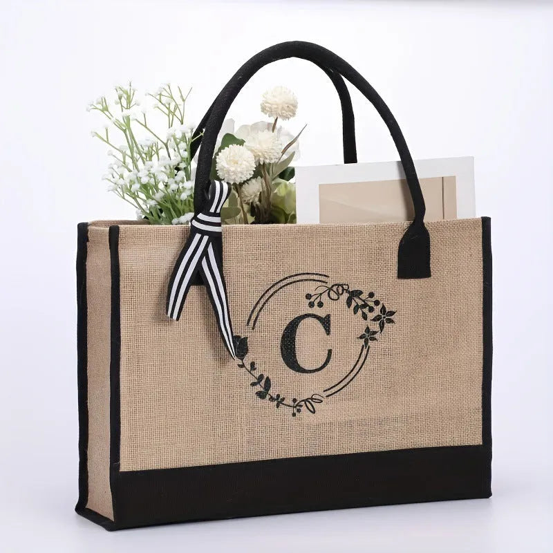 Large Capacity Portable Printing Initial Letter Jute Linen Shopping Bag - Bellarte Enchanté Large Capacity Portable Printing Initial Letter Jute Linen Shopping Bag