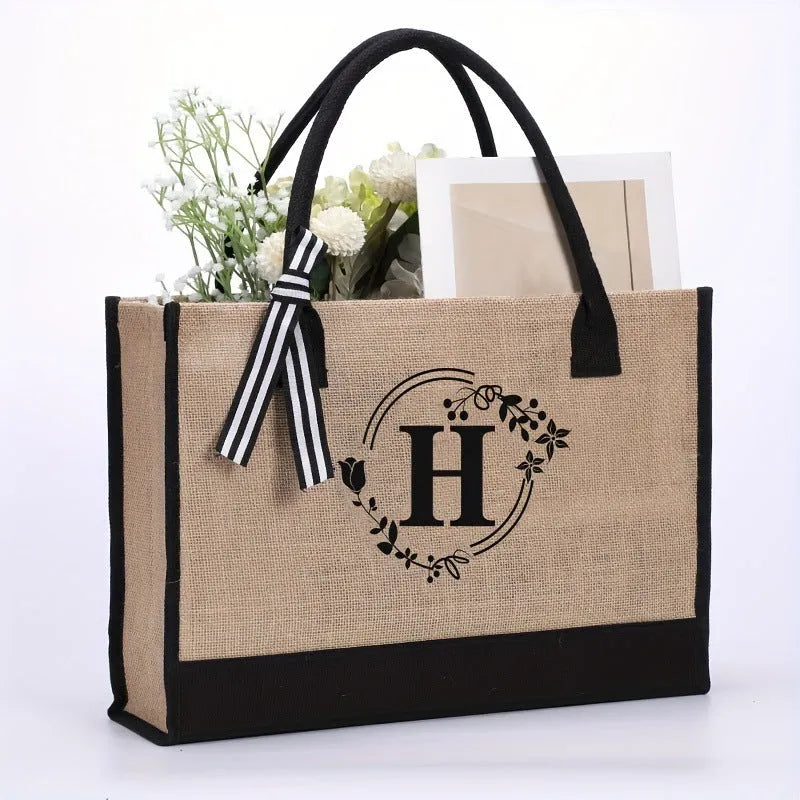 Large Capacity Portable Printing Initial Letter Jute Linen Shopping Bag - Bellarte Enchanté Large Capacity Portable Printing Initial Letter Jute Linen Shopping Bag