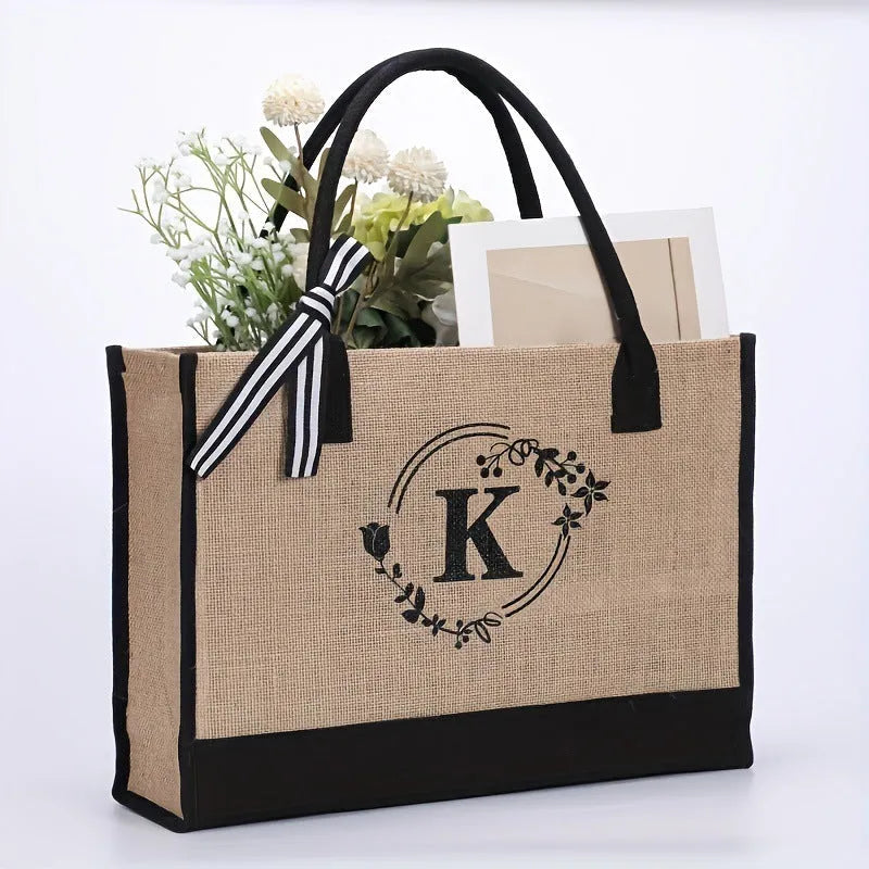 Large Capacity Portable Printing Initial Letter Jute Linen Shopping Bag - Bellarte Enchanté Large Capacity Portable Printing Initial Letter Jute Linen Shopping Bag