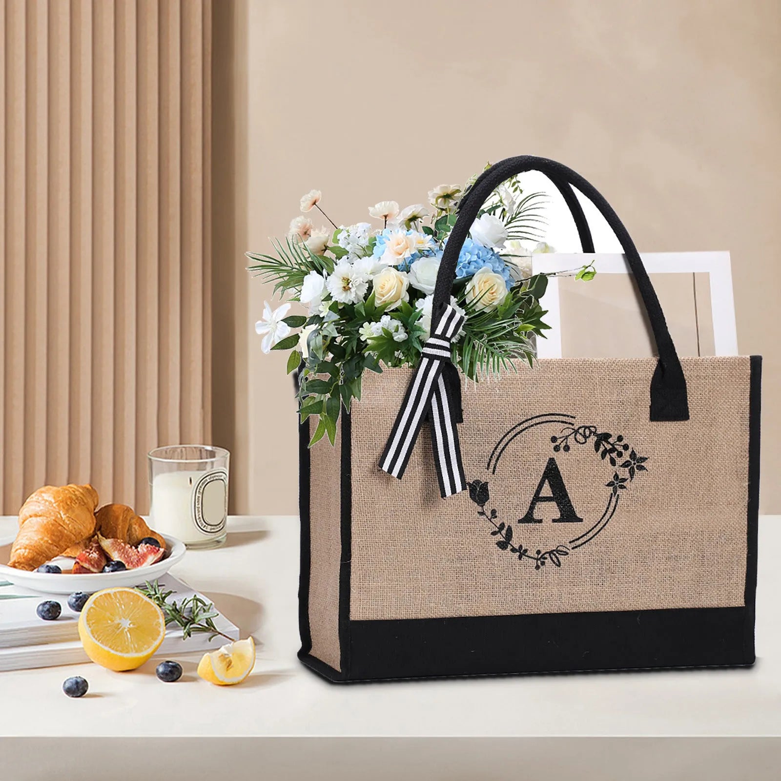 Large Capacity Portable Printing Initial Letter Jute Linen Shopping Bag - Bellarte Enchanté Large Capacity Portable Printing Initial Letter Jute Linen Shopping Bag
