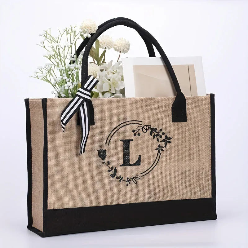 Large Capacity Portable Printing Initial Letter Jute Linen Shopping Bag - Bellarte Enchanté Large Capacity Portable Printing Initial Letter Jute Linen Shopping Bag