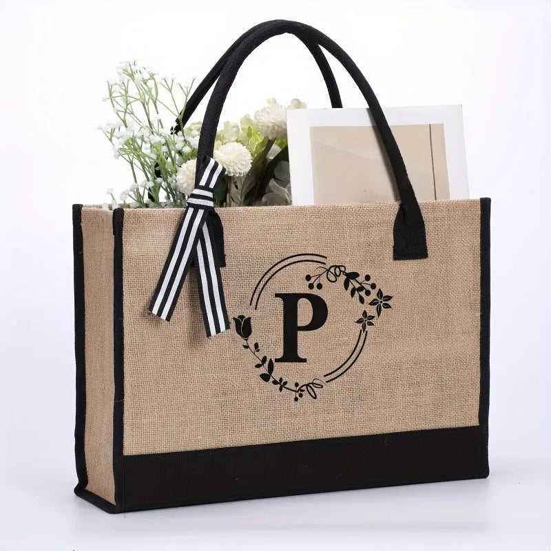 Large Capacity Portable Printing Initial Letter Jute Linen Shopping Bag - Bellarte Enchanté Large Capacity Portable Printing Initial Letter Jute Linen Shopping Bag