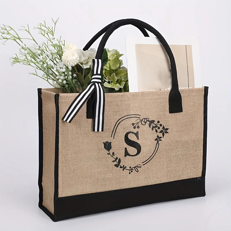 Large Capacity Portable Printing Initial Letter Jute Linen Shopping Bag - Bellarte Enchanté Large Capacity Portable Printing Initial Letter Jute Linen Shopping Bag