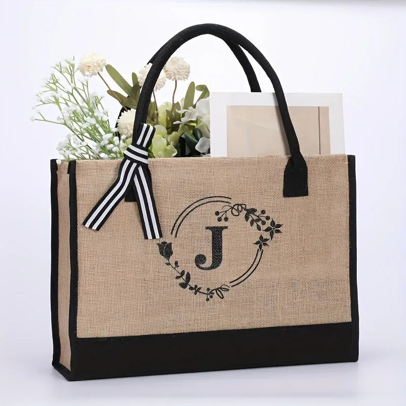 Large Capacity Portable Printing Initial Letter Jute Linen Shopping Bag - Bellarte Enchanté Large Capacity Portable Printing Initial Letter Jute Linen Shopping Bag