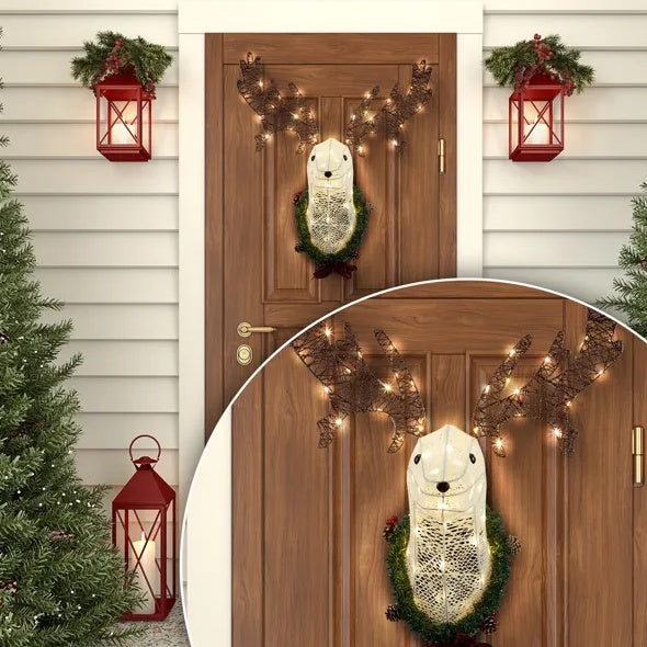 Lighted Christmas Wall Decor Reindeer Head, 39 Pre-lit 3D Rudolph Hanging Wreath For Front Door Window Indoor Outdoor Xmas Decor Lighted Holiday Displays - Bellarte Enchanté Lighted Christmas Wall Decor Reindeer Head, 39 Pre-lit 3D Rudolph Hanging Wreath For Front Door Window Indoor Outdoor Xmas Decor Lighted Holiday Displays