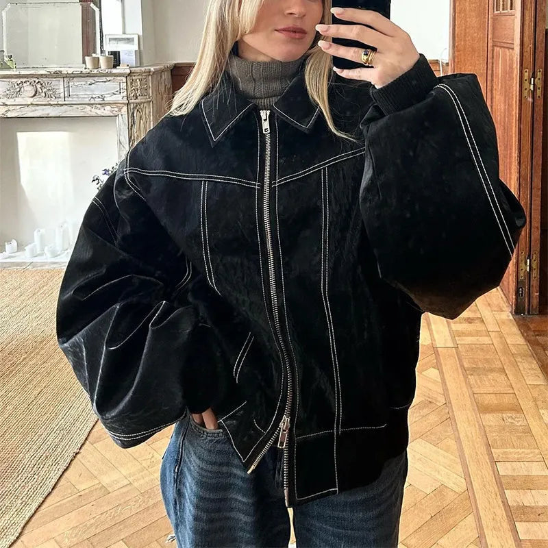 Loose Fashion Lapel Zip-up Jacket Cool Long Sleeve Zipper - Bellarte Enchanté Loose Fashion Lapel Zip-up Jacket Cool Long Sleeve Zipper