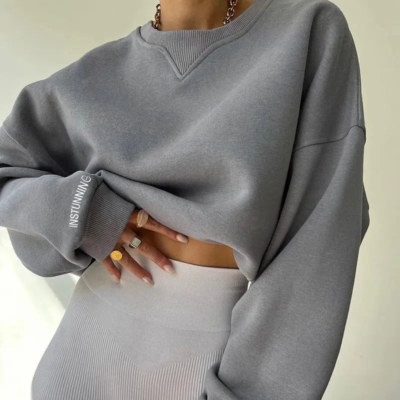 Loose Sweater Women's Casual Round Neck Pullover Tops Solid Color Sports Sweatshirt - Bellarte Enchanté Loose Sweater Women's Casual Round Neck Pullover Tops Solid Color Sports Sweatshirt