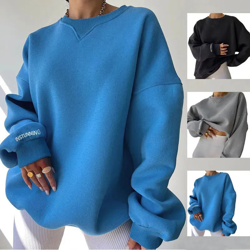 Loose Sweater Women's Casual Round Neck Pullover Tops Solid Color Sports Sweatshirt - Bellarte Enchanté Loose Sweater Women's Casual Round Neck Pullover Tops Solid Color Sports Sweatshirt