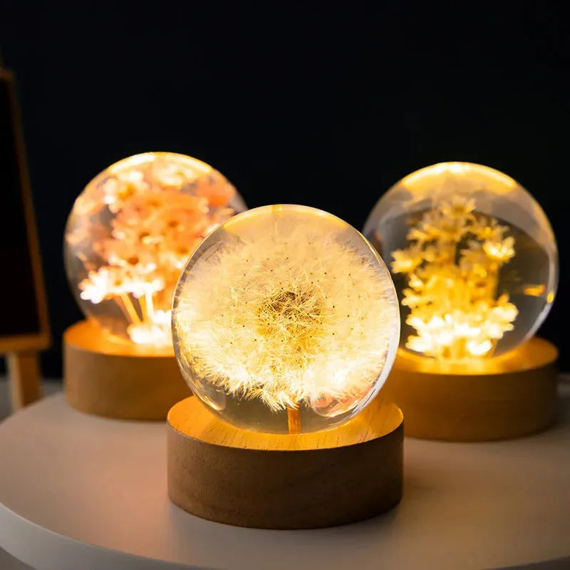 Luminous 3D Dandelion Crystal Ball Beech Wood Stand Base Preserved Flower Sphere Ball Desktop Ornaments Bithday Christmas Gifts - Bellarte Enchanté Luminous 3D Dandelion Crystal Ball Beech Wood Stand Base Preserved Flower Sphere Ball Desktop Ornaments Bithday Christmas Gifts