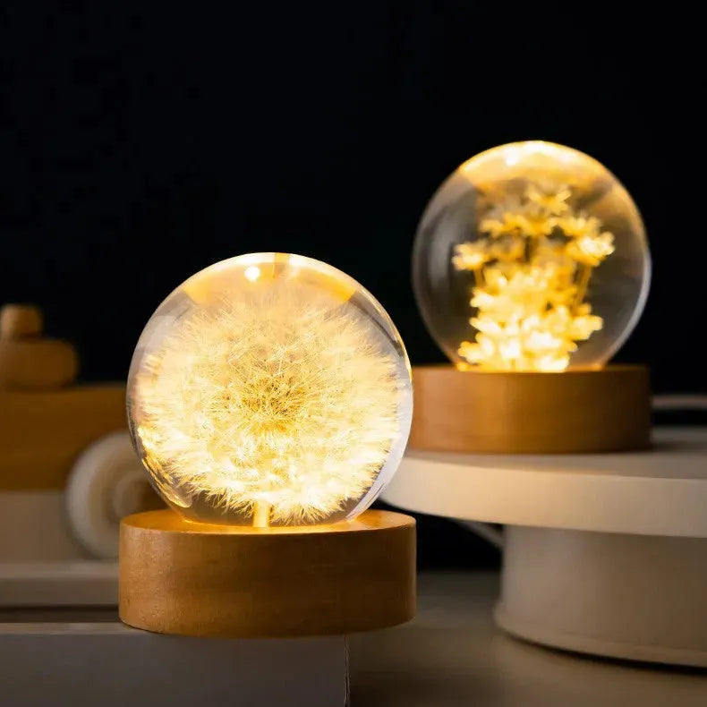 Luminous 3D Dandelion Crystal Ball Beech Wood Stand Base Preserved Flower Sphere Ball Desktop Ornaments Bithday Christmas Gifts - Bellarte Enchanté Luminous 3D Dandelion Crystal Ball Beech Wood Stand Base Preserved Flower Sphere Ball Desktop Ornaments Bithday Christmas Gifts