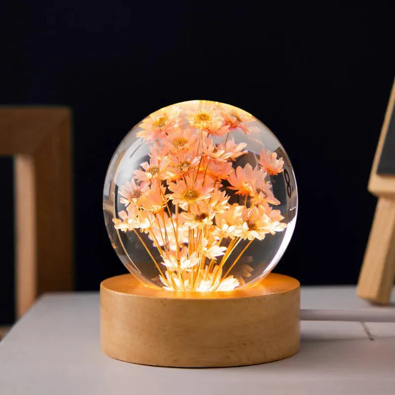Luminous 3D Dandelion Crystal Ball Beech Wood Stand Base Preserved Flower Sphere Ball Desktop Ornaments Bithday Christmas Gifts - Bellarte Enchanté Luminous 3D Dandelion Crystal Ball Beech Wood Stand Base Preserved Flower Sphere Ball Desktop Ornaments Bithday Christmas Gifts