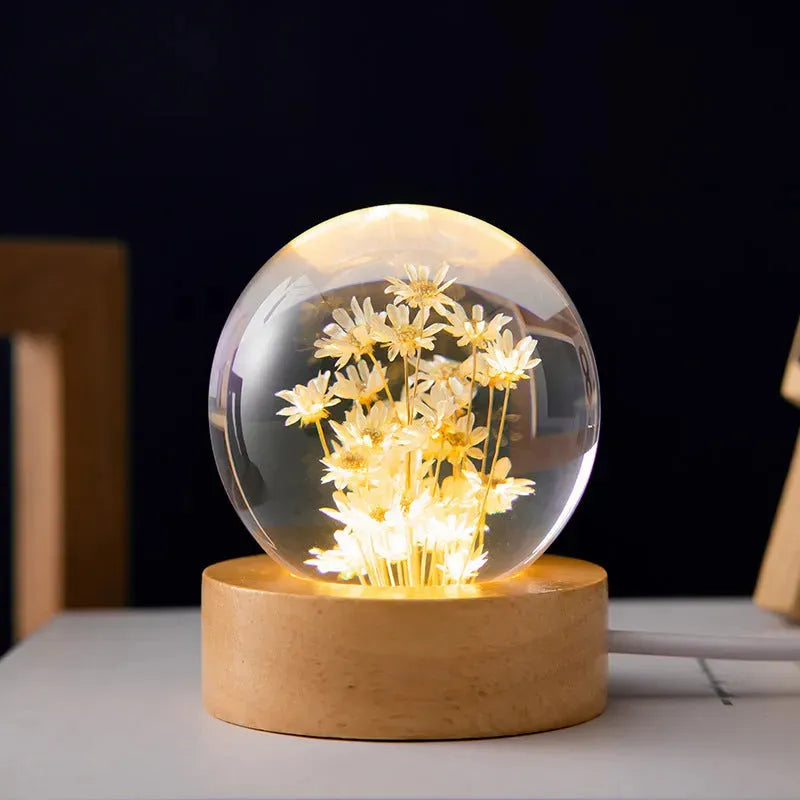 Luminous 3D Dandelion Crystal Ball Beech Wood Stand Base Preserved Flower Sphere Ball Desktop Ornaments Bithday Christmas Gifts - Bellarte Enchanté Luminous 3D Dandelion Crystal Ball Beech Wood Stand Base Preserved Flower Sphere Ball Desktop Ornaments Bithday Christmas Gifts