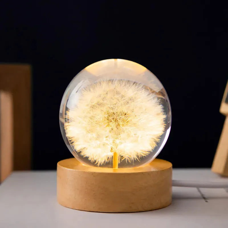 Luminous 3D Dandelion Crystal Ball Beech Wood Stand Base Preserved Flower Sphere Ball Desktop Ornaments Bithday Christmas Gifts - Bellarte Enchanté Luminous 3D Dandelion Crystal Ball Beech Wood Stand Base Preserved Flower Sphere Ball Desktop Ornaments Bithday Christmas Gifts