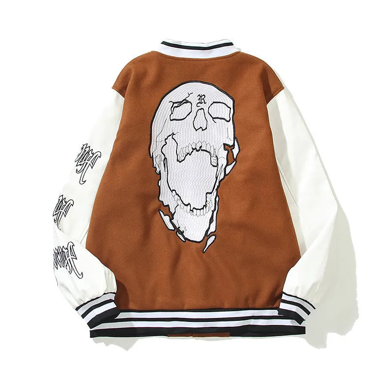 Men's And Women's Skull Embroidery Leather Sleeve Stitching Baseball Jacket - Bellarte Enchanté Men's And Women's Skull Embroidery Leather Sleeve Stitching Baseball Jacket
