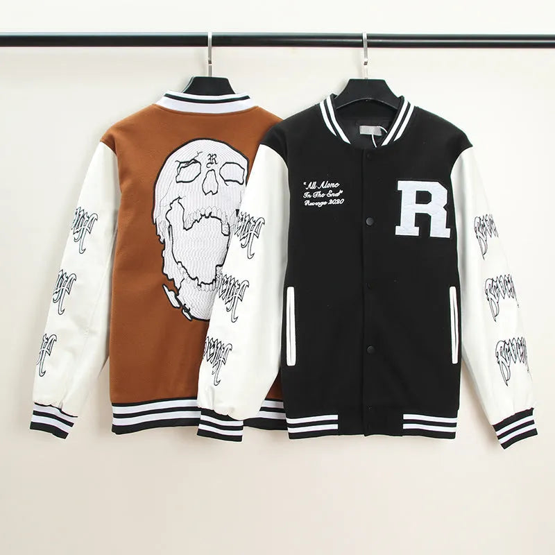 Men's And Women's Skull Embroidery Leather Sleeve Stitching Baseball Jacket - Bellarte Enchanté Men's And Women's Skull Embroidery Leather Sleeve Stitching Baseball Jacket