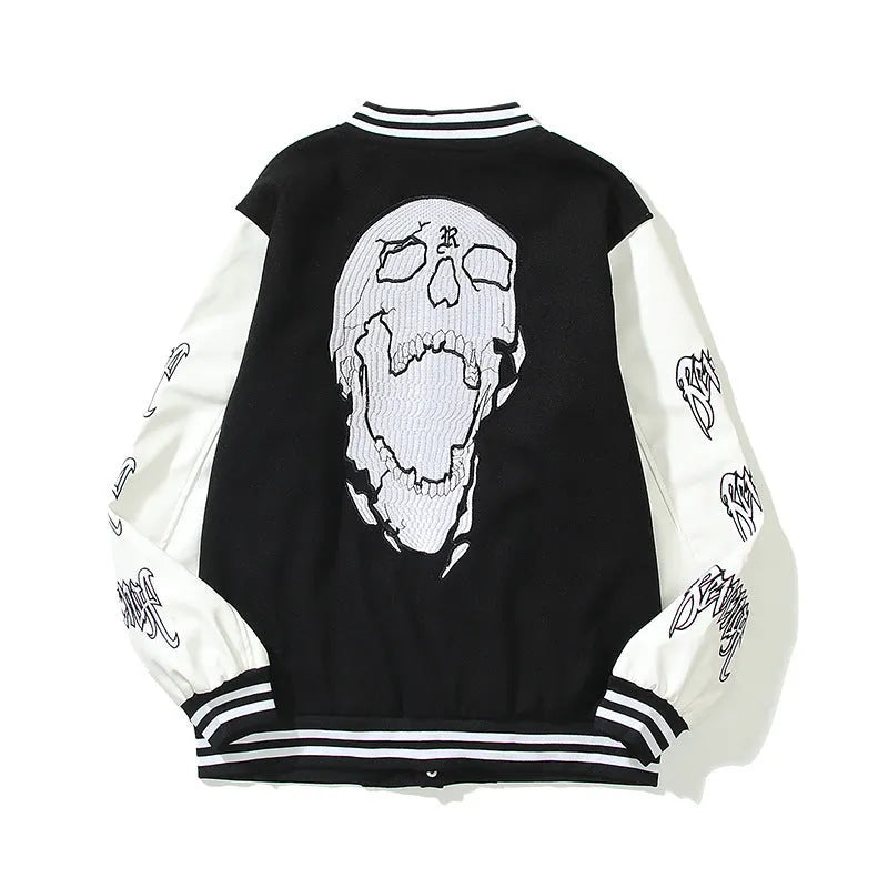 Men's And Women's Skull Embroidery Leather Sleeve Stitching Baseball Jacket - Bellarte Enchanté Men's And Women's Skull Embroidery Leather Sleeve Stitching Baseball Jacket