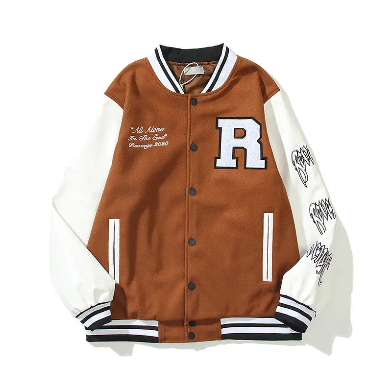 Men's And Women's Skull Embroidery Leather Sleeve Stitching Baseball Jacket - Bellarte Enchanté Men's And Women's Skull Embroidery Leather Sleeve Stitching Baseball Jacket