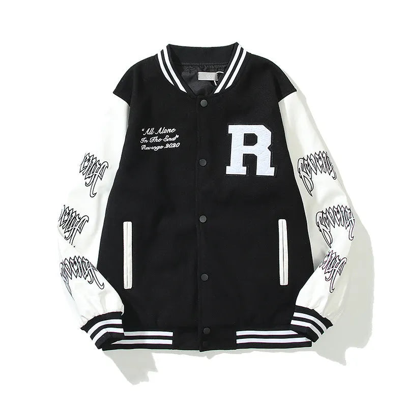 Men's And Women's Skull Embroidery Leather Sleeve Stitching Baseball Jacket - Bellarte Enchanté Men's And Women's Skull Embroidery Leather Sleeve Stitching Baseball Jacket