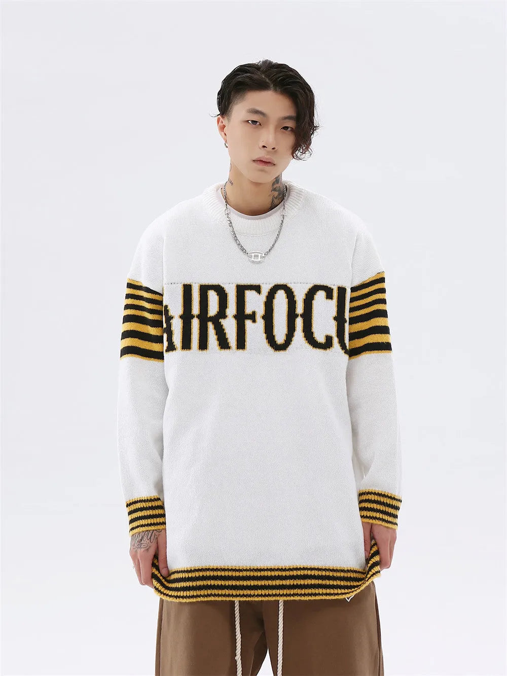 Men's Colorblock Alphabet Jacquard Pullover Sweater - Bellarte Enchanté Men's Colorblock Alphabet Jacquard Pullover Sweater