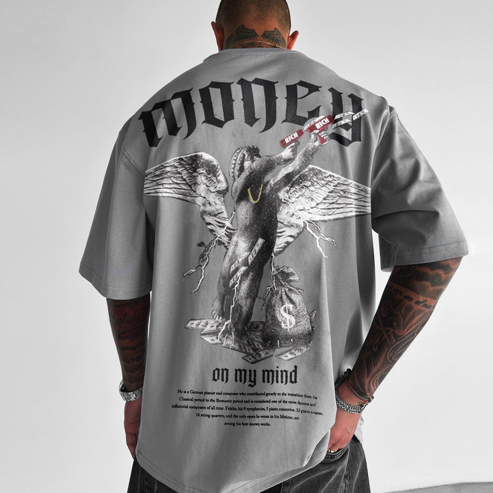 Men's Loose Money Angel Print Short Sleeve Round Neck Short Sleeve - Bellarte Enchanté Men's Loose Money Angel Print Short Sleeve Round Neck Short Sleeve