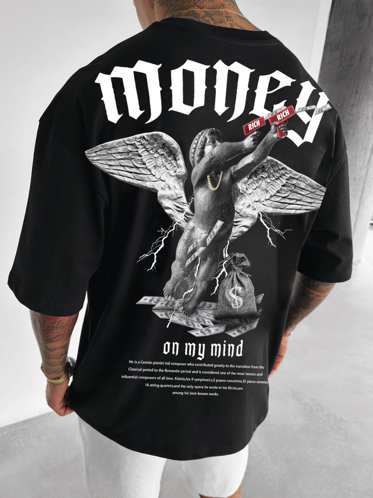 Men's Loose Money Angel Print Short Sleeve Round Neck Short Sleeve - Bellarte Enchanté Men's Loose Money Angel Print Short Sleeve Round Neck Short Sleeve