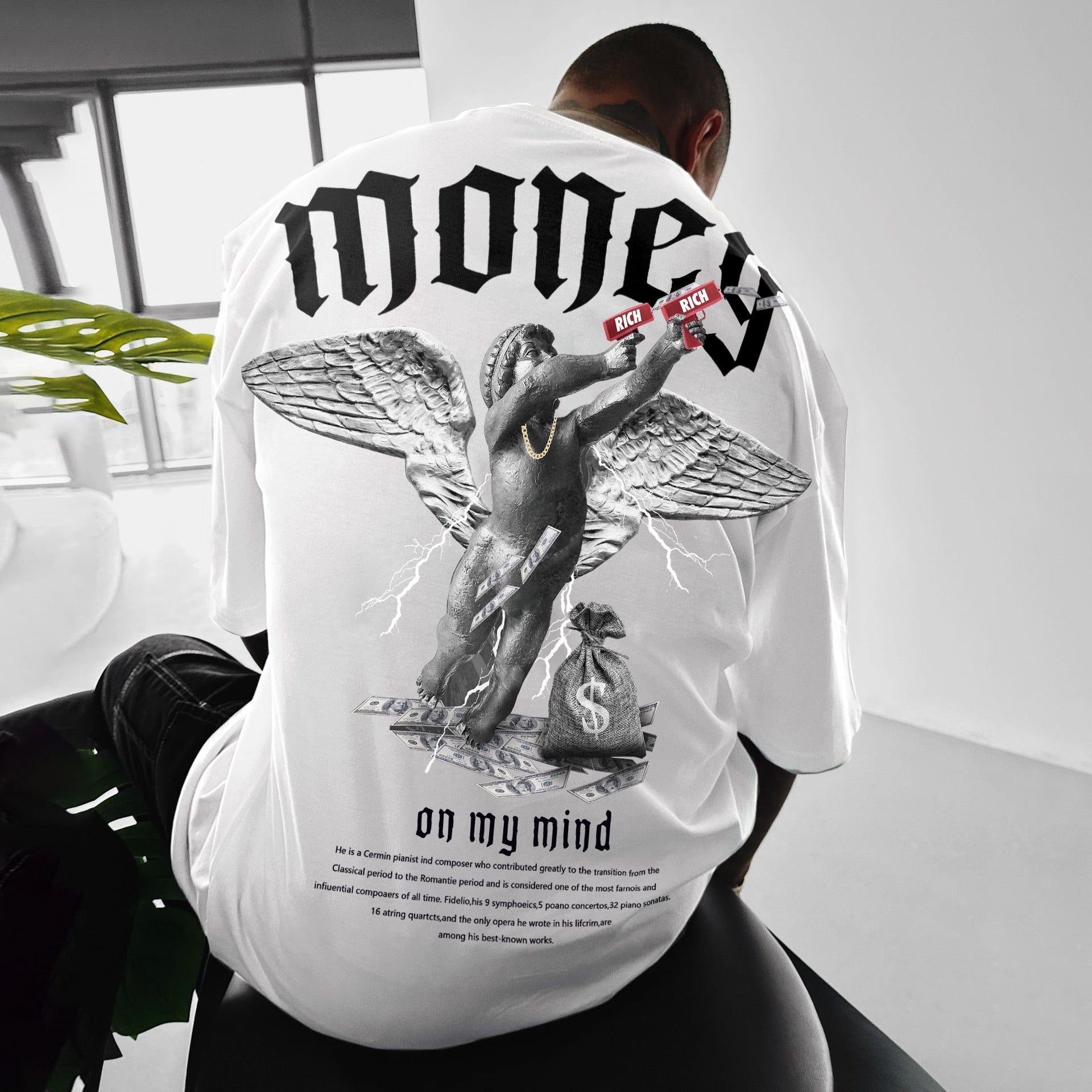 Men's Loose Money Angel Print Short Sleeve Round Neck Short Sleeve - Bellarte Enchanté Men's Loose Money Angel Print Short Sleeve Round Neck Short Sleeve