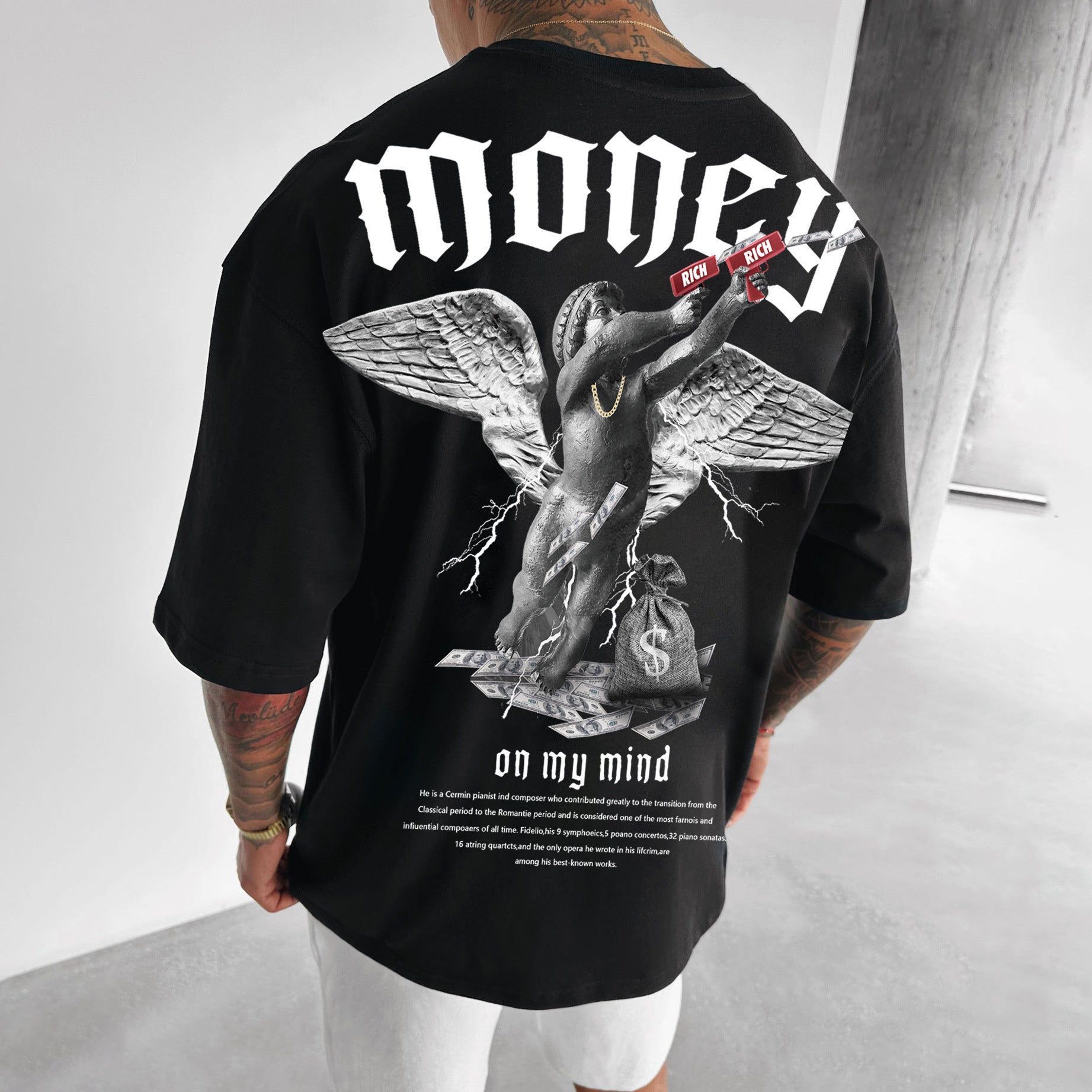 Men's Loose Money Angel Print Short Sleeve Round Neck Short Sleeve - Bellarte Enchanté Men's Loose Money Angel Print Short Sleeve Round Neck Short Sleeve