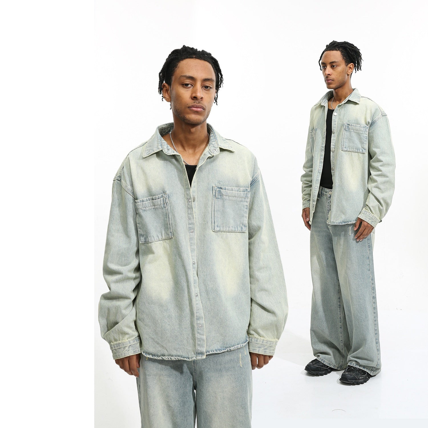 Men's Loose Washed-out Brushed White Light Blue Denim Coat Trousers - Bellarte Enchanté Men's Loose Washed-out Brushed White Light Blue Denim Coat Trousers