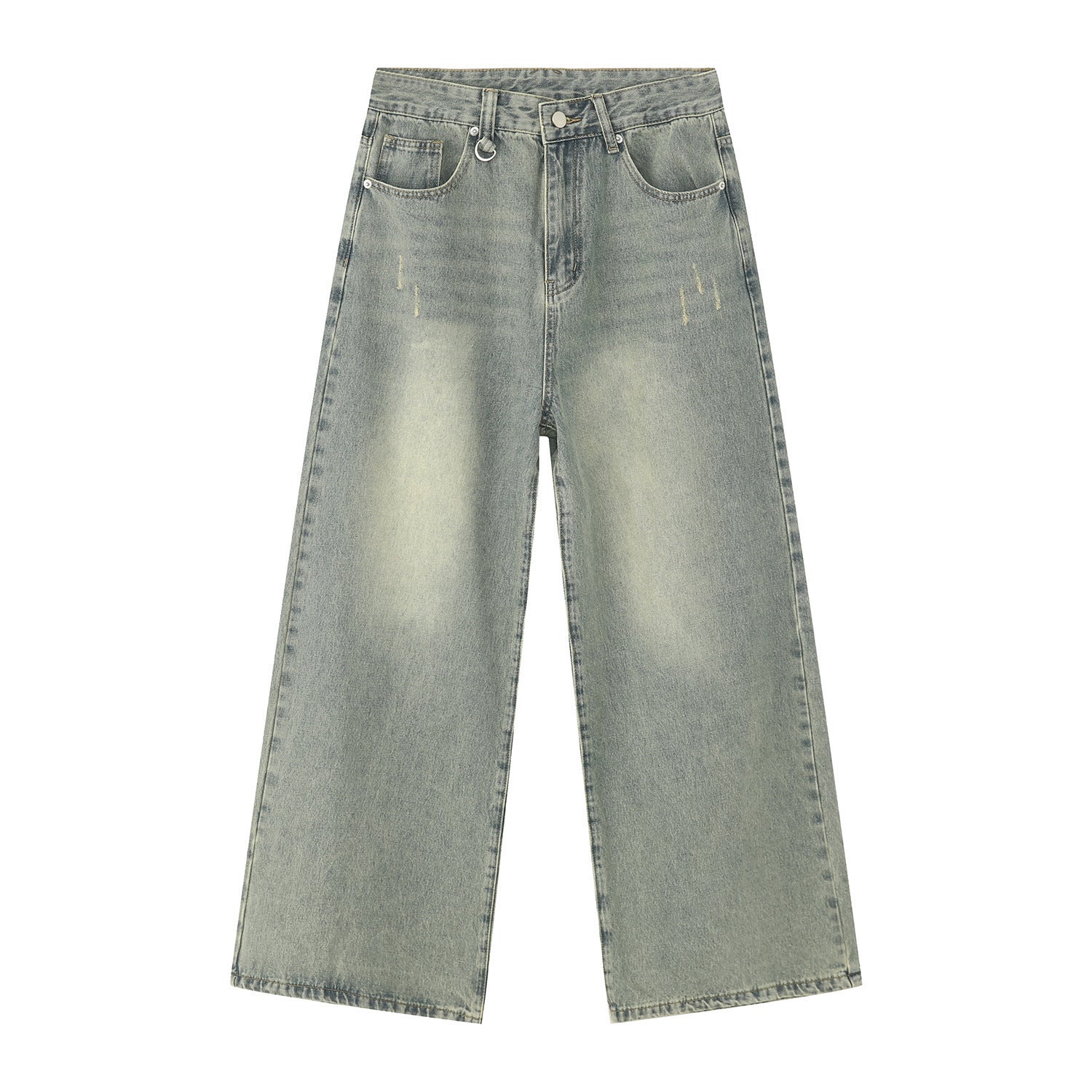 Men's Loose Washed-out Brushed White Light Blue Denim Coat Trousers - Bellarte Enchanté Men's Loose Washed-out Brushed White Light Blue Denim Coat Trousers