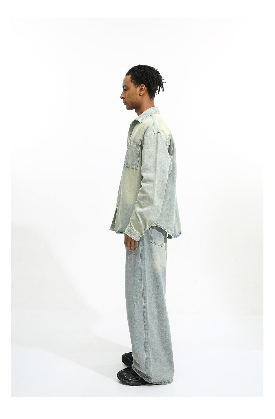 Men's Loose Washed-out Brushed White Light Blue Denim Coat Trousers - Bellarte Enchanté Men's Loose Washed-out Brushed White Light Blue Denim Coat Trousers