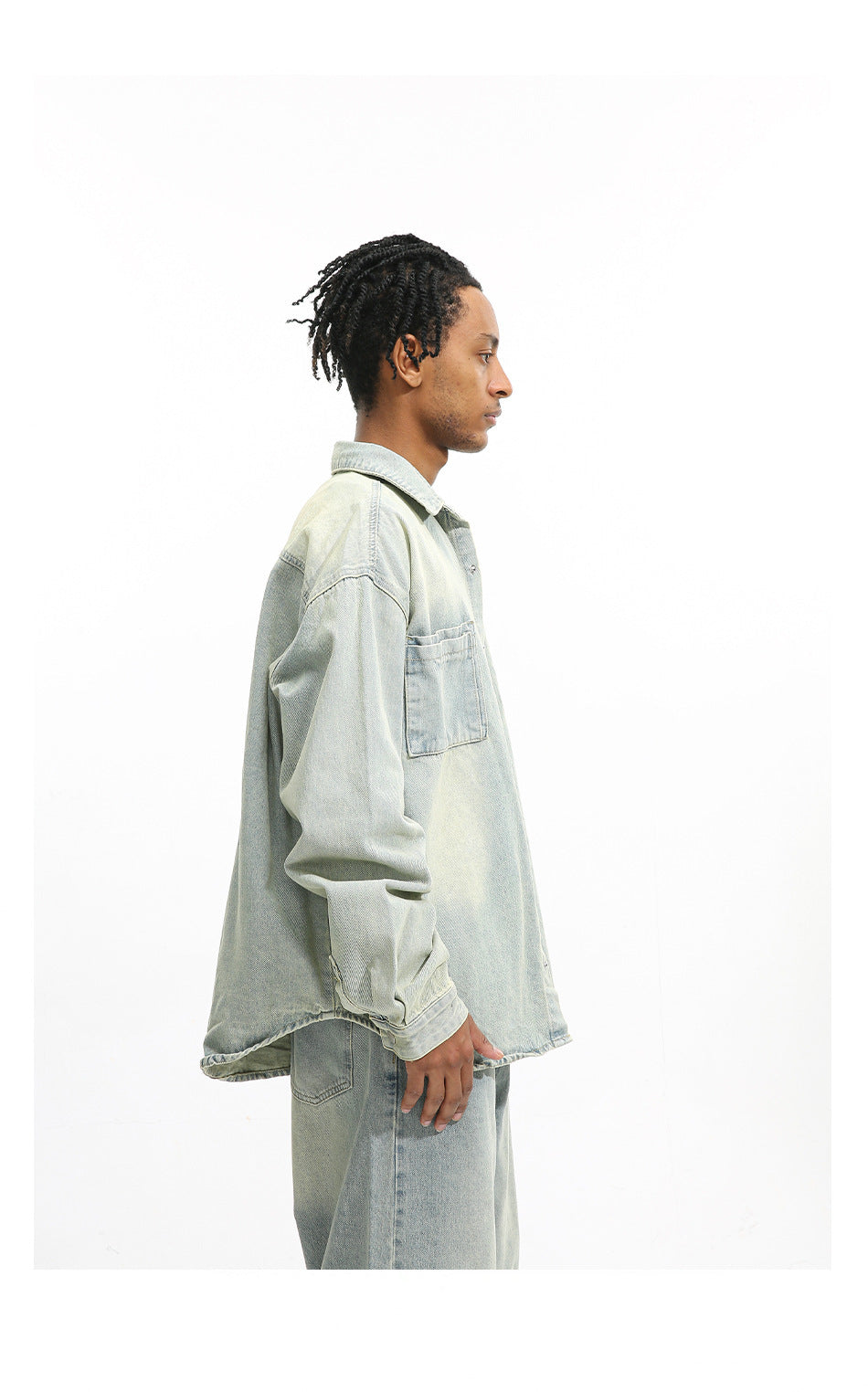 Men's Loose Washed-out Brushed White Light Blue Denim Coat Trousers - Bellarte Enchanté Men's Loose Washed-out Brushed White Light Blue Denim Coat Trousers