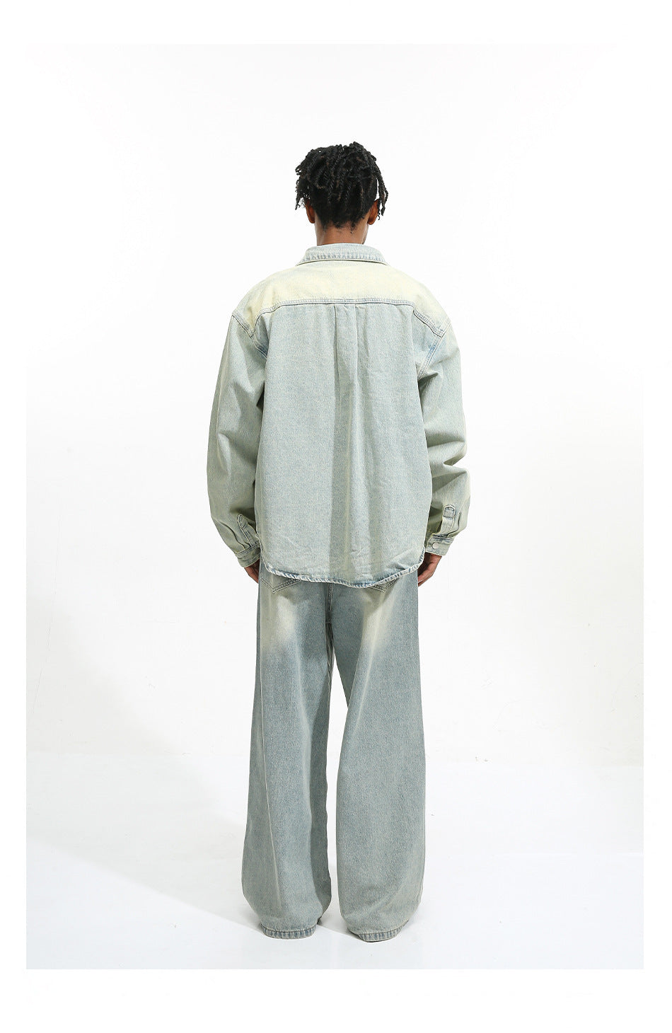 Men's Loose Washed-out Brushed White Light Blue Denim Coat Trousers - Bellarte Enchanté Men's Loose Washed-out Brushed White Light Blue Denim Coat Trousers