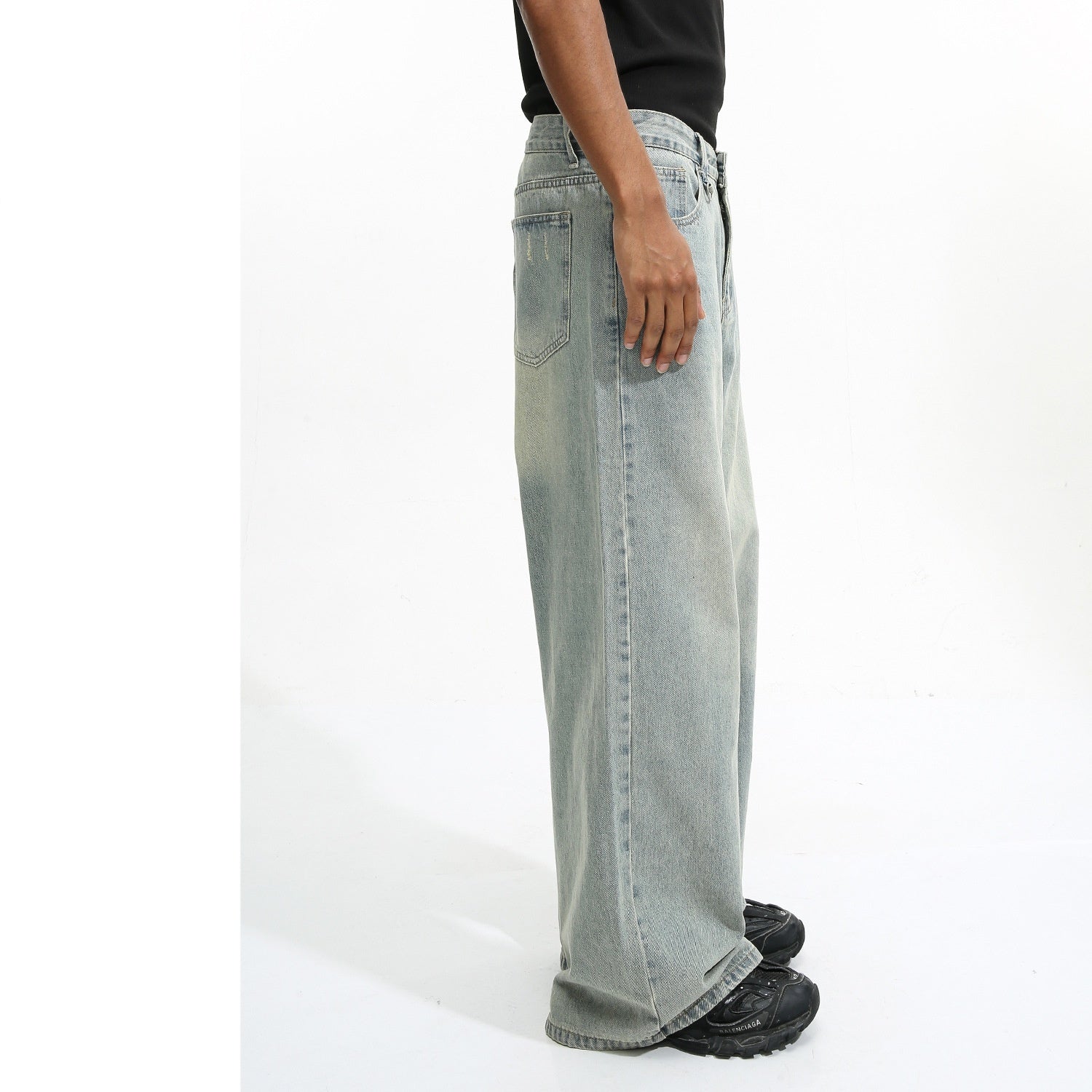 Men's Loose Washed-out Brushed White Light Blue Denim Coat Trousers - Bellarte Enchanté Men's Loose Washed-out Brushed White Light Blue Denim Coat Trousers