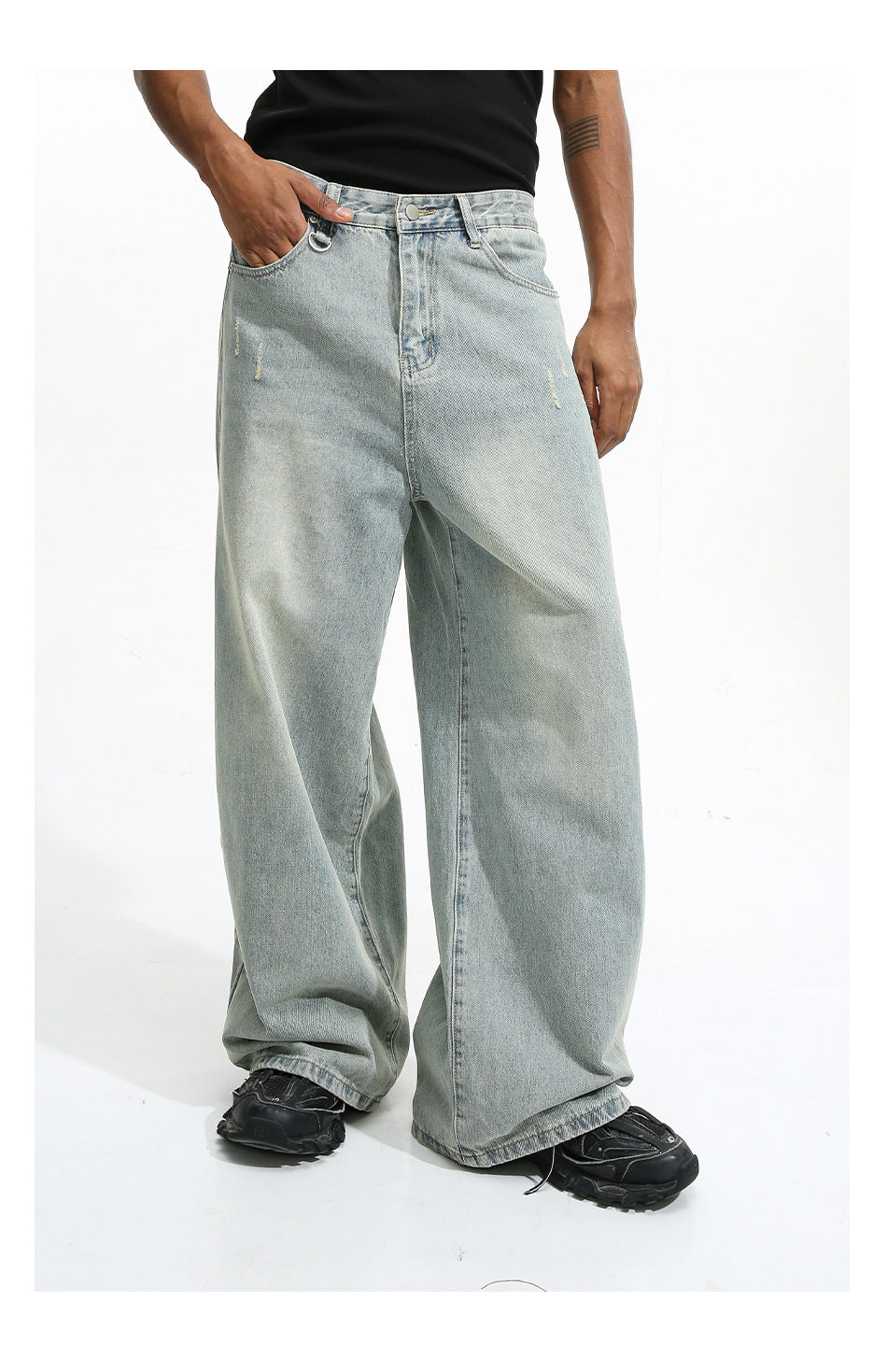 Men's Loose Washed-out Brushed White Light Blue Denim Coat Trousers - Bellarte Enchanté Men's Loose Washed-out Brushed White Light Blue Denim Coat Trousers