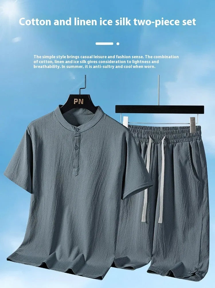 Men's National Style Cotton And Linen Casual Shorts Short Sleeve Two-piece Set - Bellarte Enchanté Men's National Style Cotton And Linen Casual Shorts Short Sleeve Two-piece Set