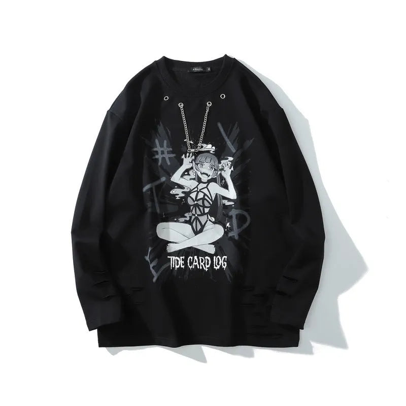 Metal chain animation tattered hoodie - Bellarte Enchanté Metal chain animation tattered hoodie