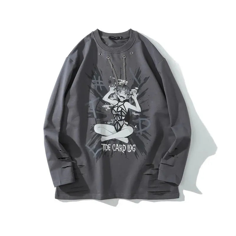 Metal chain animation tattered hoodie - Bellarte Enchanté Metal chain animation tattered hoodie